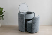 DecorMama Round Vanity & Stool Set – Flip-Top Mirror – Grey – room setting
