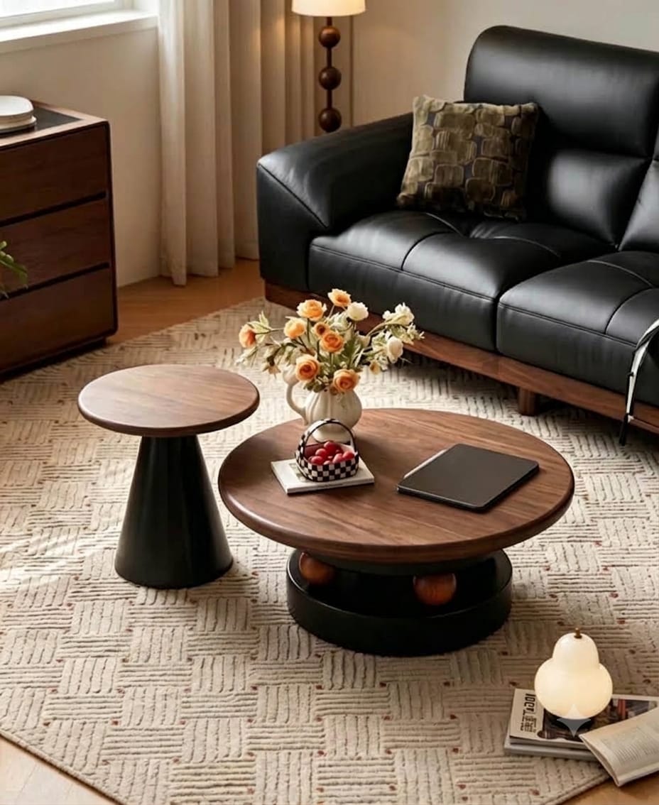 DecorMama Modern Wood & Black Round Side Table and Coffee Table – room setting