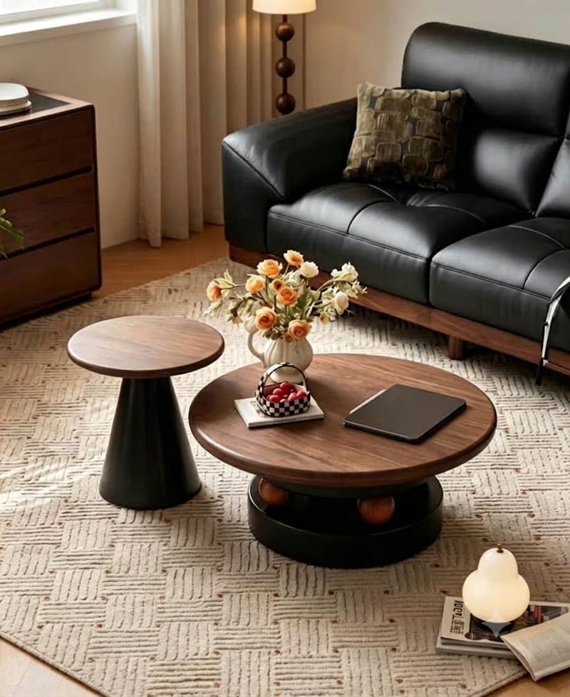 DecorMama Modern Wood & Black Round Side Table and Coffee Table – room setting