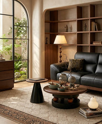 DecorMama Modern Wood & Black Round Side Table and Coffee Table – room setting