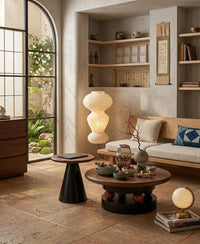 DecorMama Modern Wood & Black Round Side Table and Coffee Table – room setting