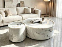 DecorMama Modern Luxury White Marble Round Nesting Coffee Table – room setting