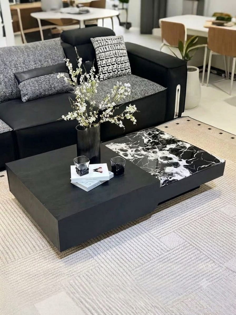 DecorMama Black Coffee Table with Marble-Effect Accent Panel – room setting
