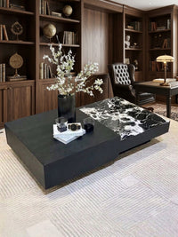 DecorMama Black Coffee Table with Marble-Effect Accent Panel – room setting