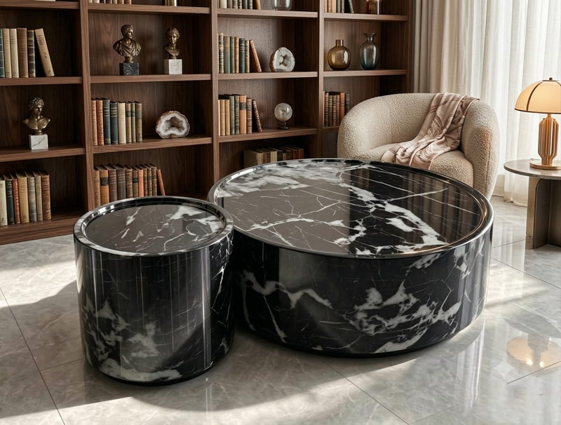 DecorMama Black Marble Round Nesting Coffee Table Set – room setting