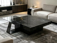 DecorMama Black Marble Coffee Table with Angled Glass Accent – room setting