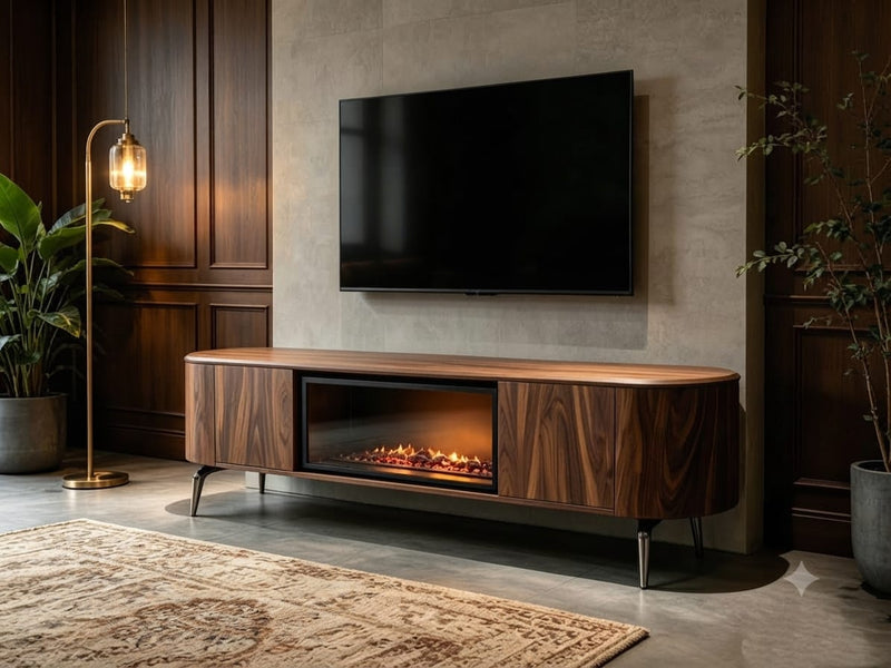 DecorMama Modern TV Stand with Built-In Electric Fireplace – room setting