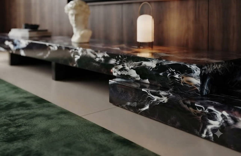 DecorMama Modern Black Marble Floating-Style TV Stand – room setting