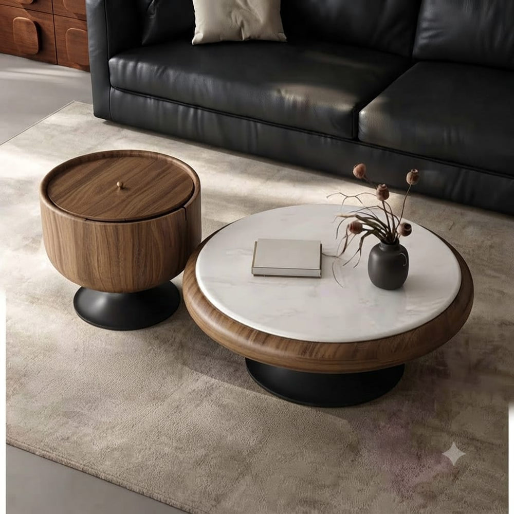DecorMama Modern Wood Round Side Table and Coffee Table Set – room setting