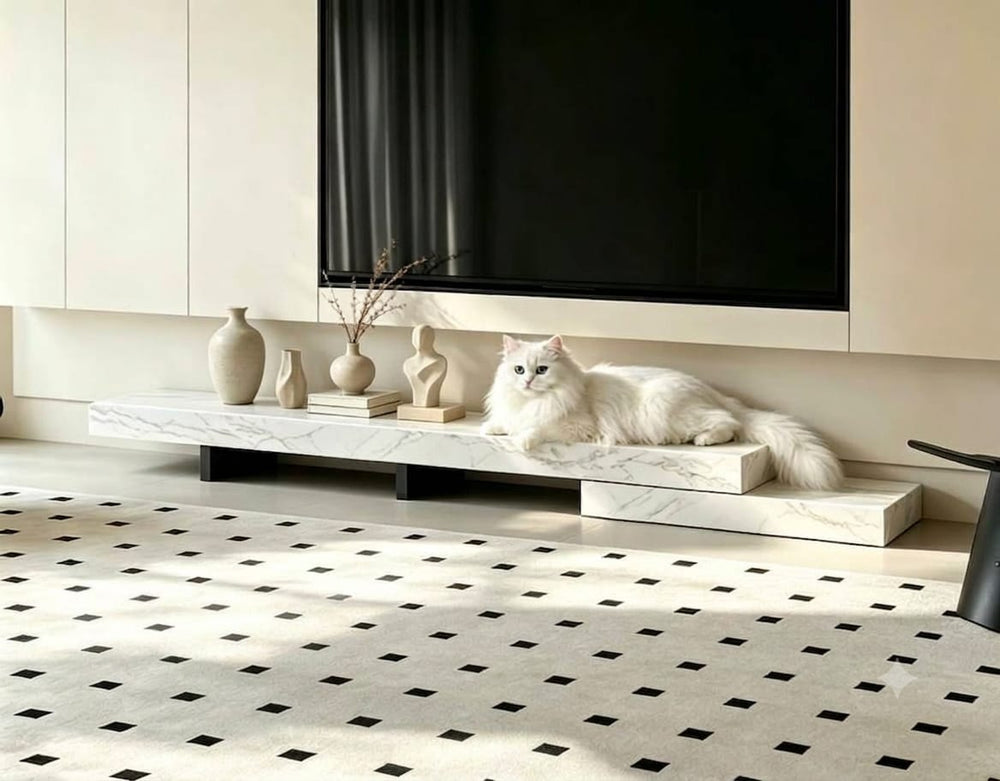 DecorMama Modern White Marble Floating-Style TV Console – room setting