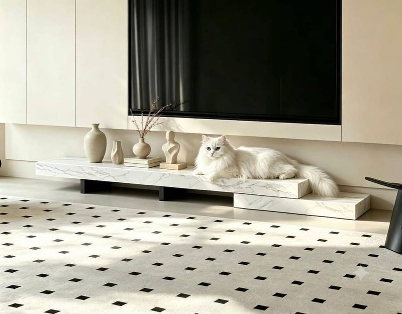 DecorMama Modern White Marble Floating-Style TV Console – room setting