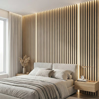 DecorMama Acoustic Slat Panel, light oak acoustic slat wall in a bedroom