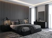 DecorMama Acoustic Slat Panel, black acoustic slat wall behind a bed