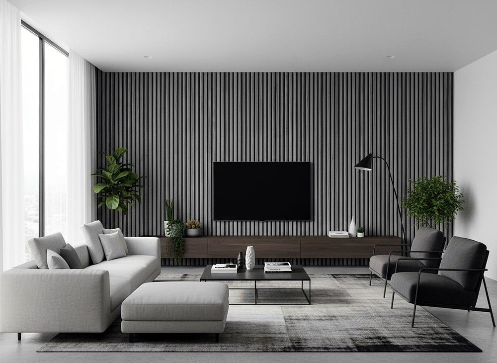 DecorMama Impact Slat Wall Panel, grey wood-look slat feature wall behind a TV in a modern lounge