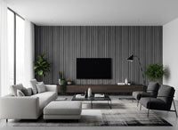 DecorMama Impact Slat Wall Panel, grey wood-look slat feature wall behind a TV in a modern lounge