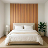 DecorMama Oak Veneer Slat Panel, oak veneer slat wall behind a bed