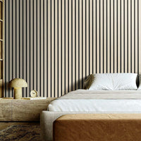 DecorMama Oak Veneer Slat Panel, oak slat wall with dark grooves in a bedroom