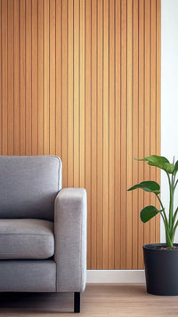 DecorMama Oak Veneer Slat Panel, oak veneer slat wall beside a grey armchair