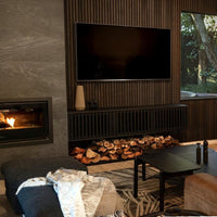 DecorMama Oak Veneer Acoustic Slat Panels, Smoke Oak acoustic slat feature wall around a TV and fireplace